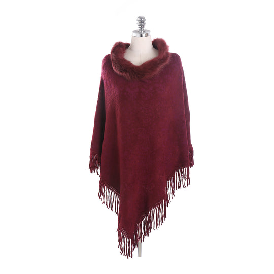 Damen Poncho‑Ruana mit Kunstfellkragen, Strukturjacquard und Fransensaum Shop Nory