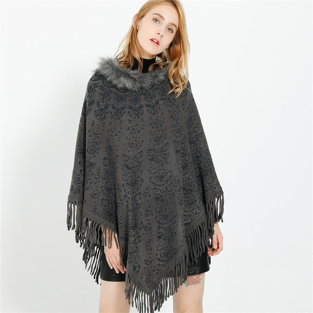 Damen Poncho‑Ruana mit Kunstfellkragen, Strukturjacquard und Fransensaum Shop Nory