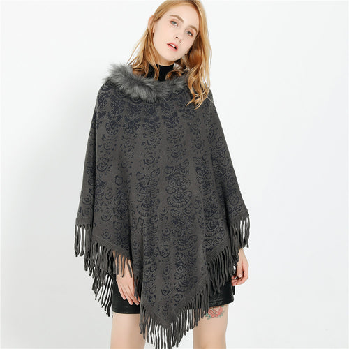 Damen Poncho‑Ruana mit Kunstfellkragen, Strukturjacquard und Fransensaum Shop Nory
