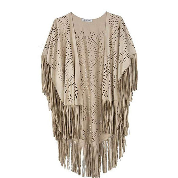 Damen Fransen-Poncho aus Wildlederimitat mit lasergeschnittenem Mandala-Design Shop Nory