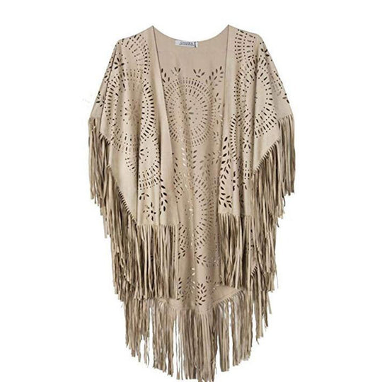 Damen Fransen-Poncho aus Wildlederimitat mit lasergeschnittenem Mandala-Design Shop Nory