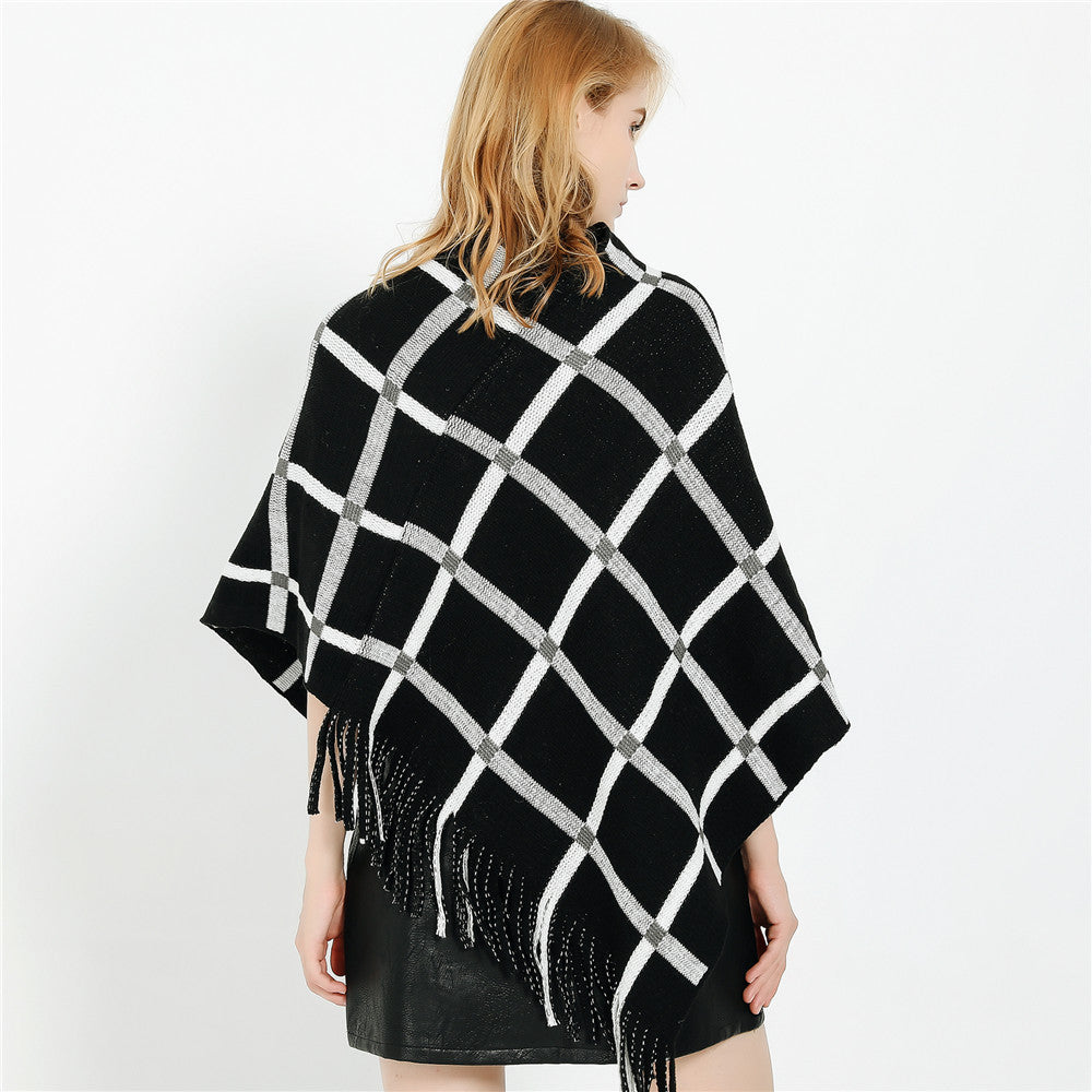 Damen Grobstrick-Poncho mit Karomuster und Fransensaum Shop Nory