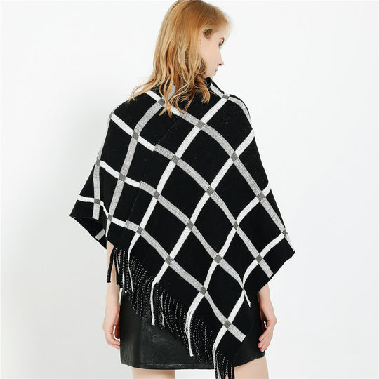 Damen Grobstrick-Poncho mit Karomuster und Fransensaum Shop Nory