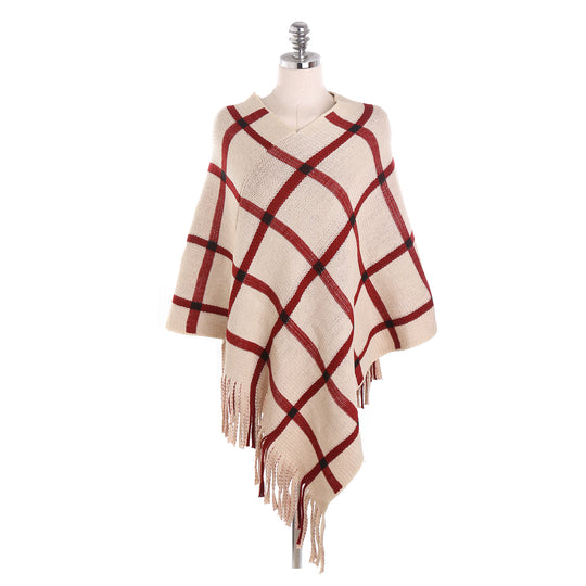 Damen Grobstrick-Poncho mit Karomuster und Fransensaum Shop Nory