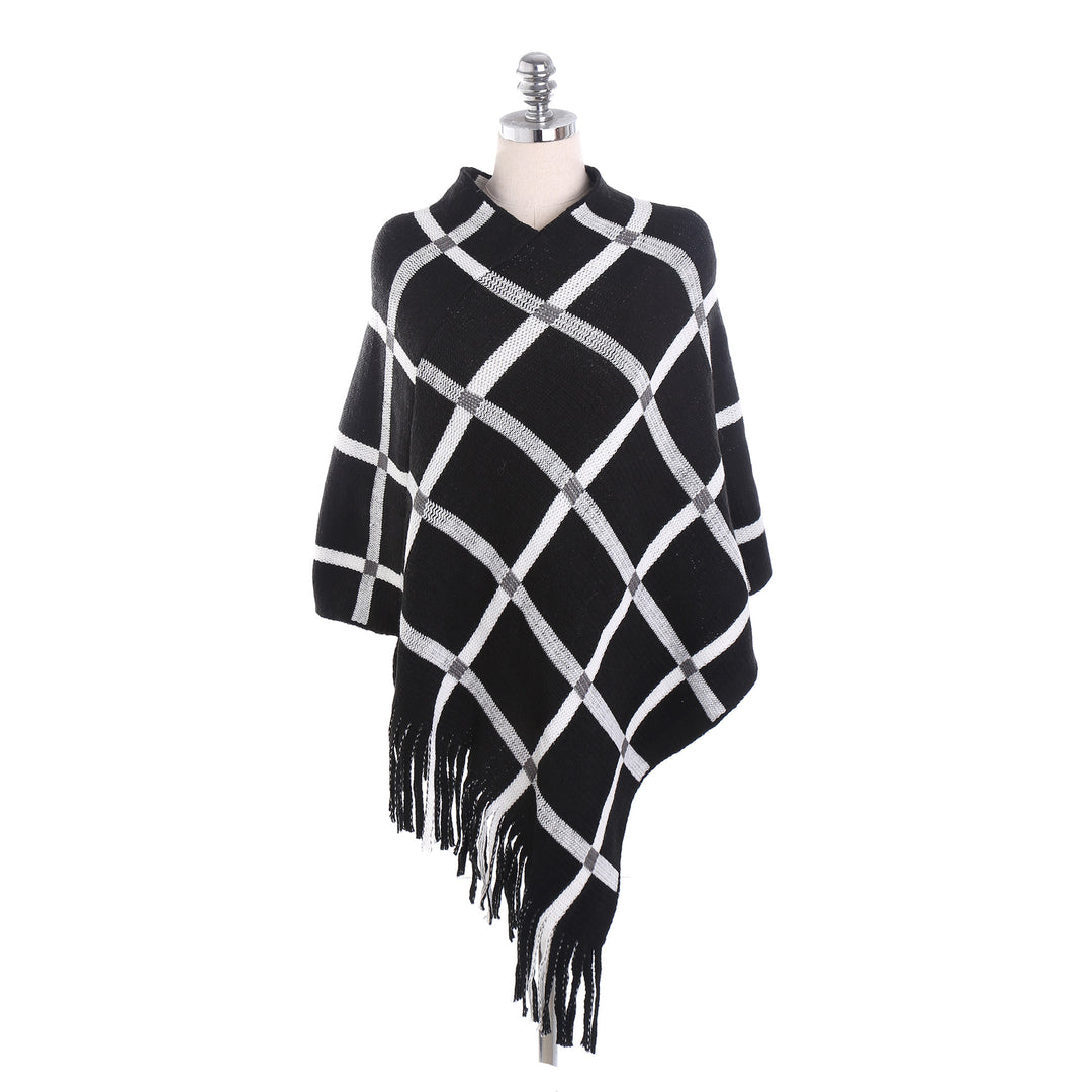 Damen Grobstrick-Poncho mit Karomuster und Fransensaum Shop Nory
