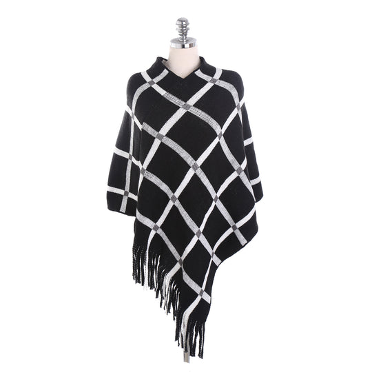 Damen Grobstrick-Poncho mit Karomuster und Fransensaum Shop Nory
