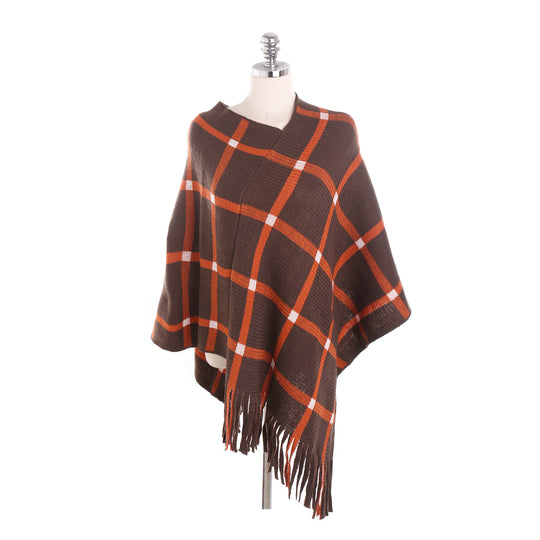 Damen Grobstrick-Poncho mit Karomuster und Fransensaum Shop Nory