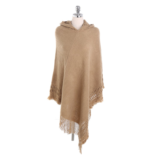 Damen Kapuzen-Poncho mit gehäkelter Bordüre und Fransensaum Shop Nory
