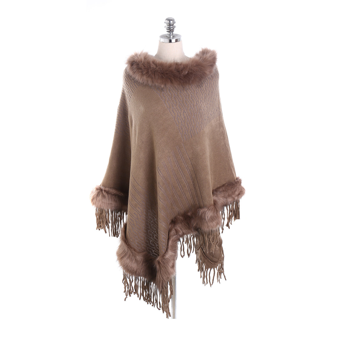 Damen Kaschmir-Touch Poncho mit Kunstfellbesatz, Fransen und weichfallender Oversize-Silhouette Shop Nory