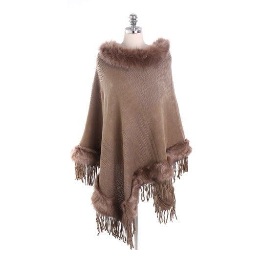 Damen Kaschmir-Touch Poncho mit Kunstfellbesatz, Fransen und weichfallender Oversize-Silhouette Shop Nory