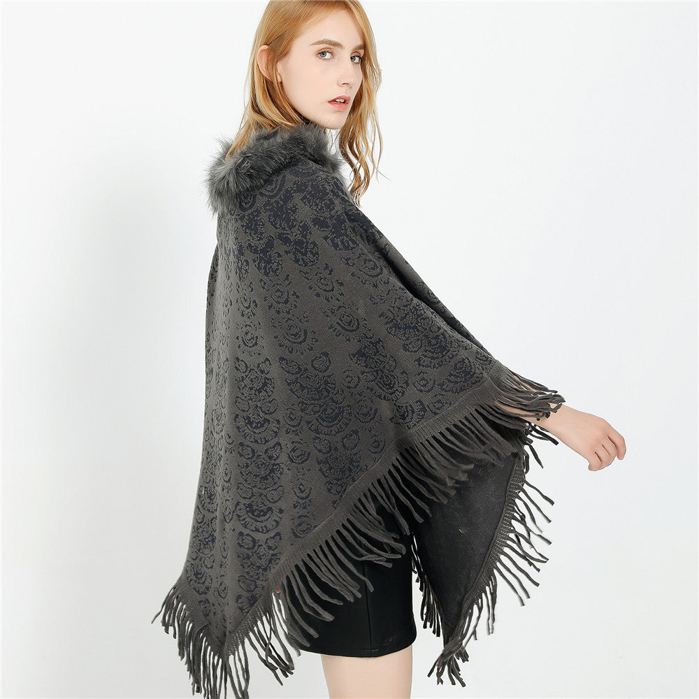 Damen Poncho‑Ruana mit Kunstfellkragen, Strukturjacquard und Fransensaum Shop Nory
