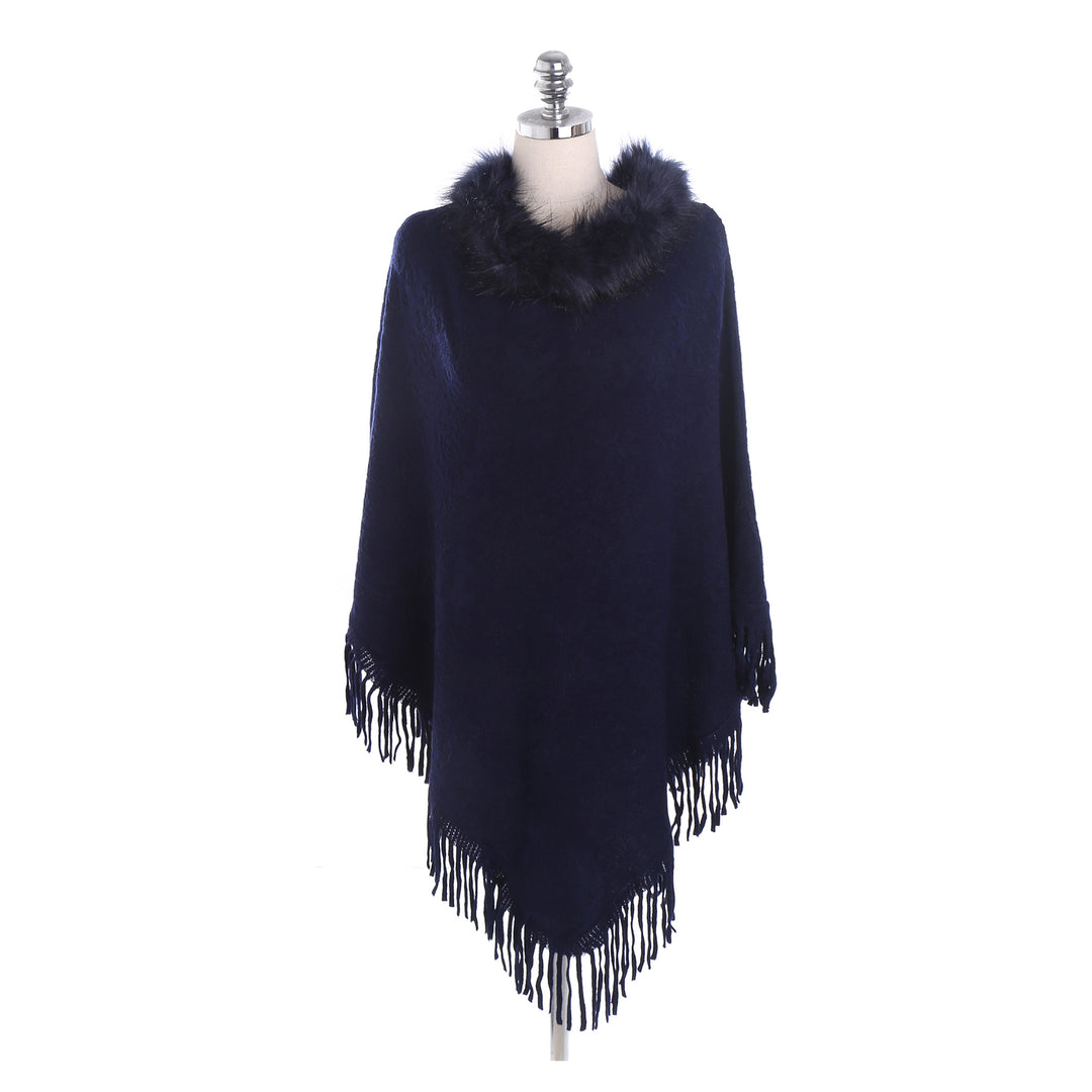Damen Poncho‑Ruana mit Kunstfellkragen, Strukturjacquard und Fransensaum Shop Nory