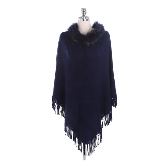Damen Poncho‑Ruana mit Kunstfellkragen, Strukturjacquard und Fransensaum Shop Nory