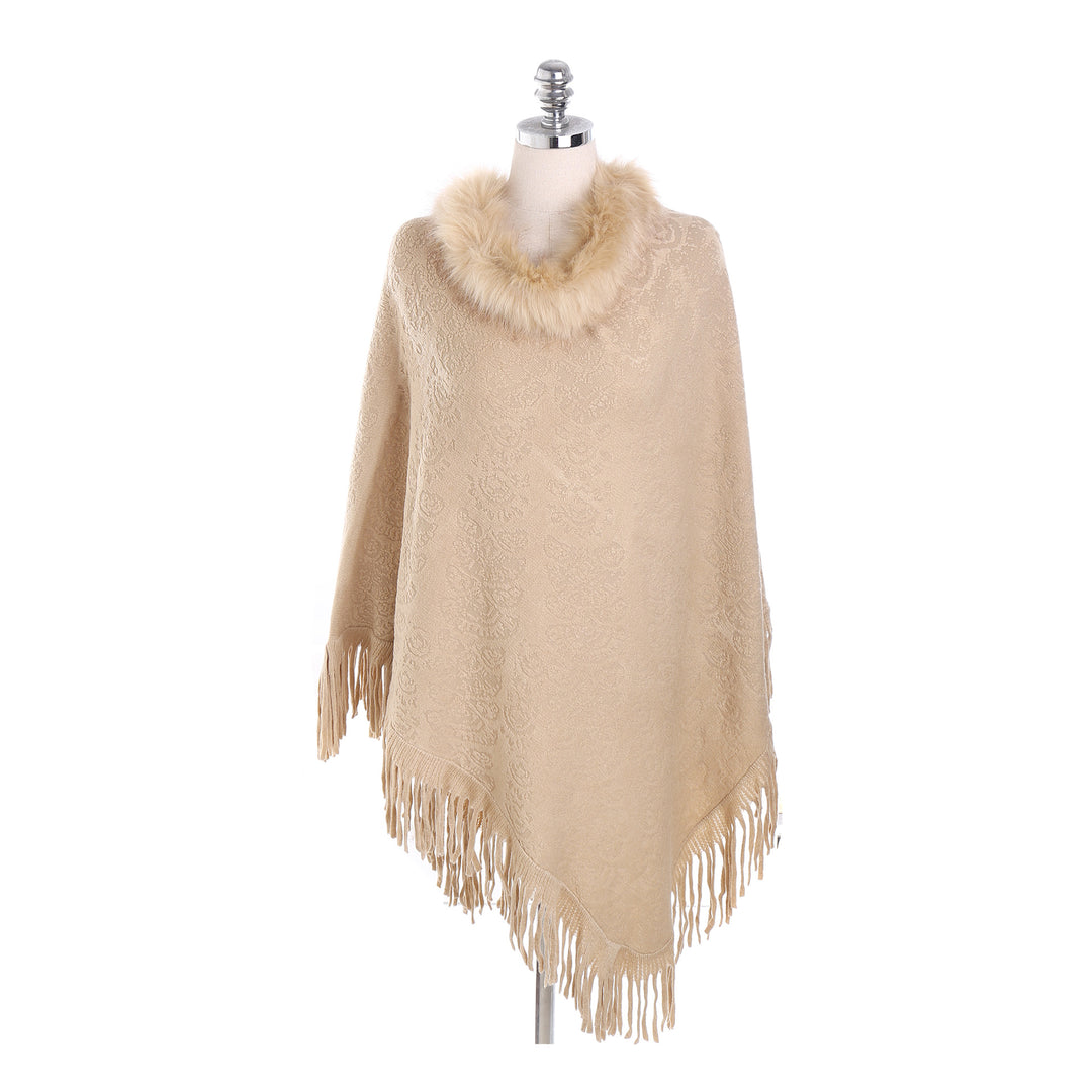 Damen Poncho‑Ruana mit Kunstfellkragen, Strukturjacquard und Fransensaum Shop Nory