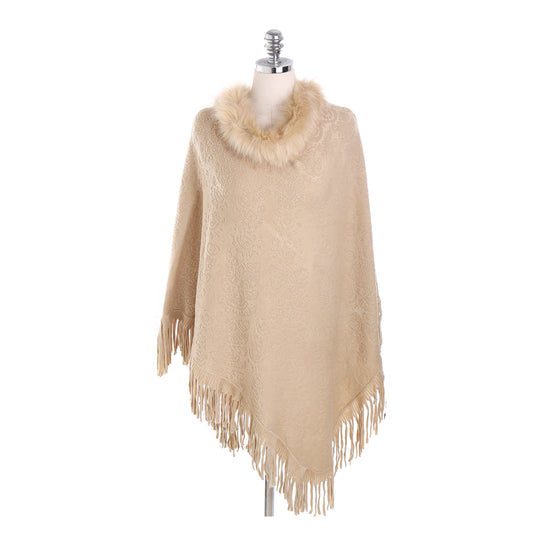Damen Poncho‑Ruana mit Kunstfellkragen, Strukturjacquard und Fransensaum Shop Nory