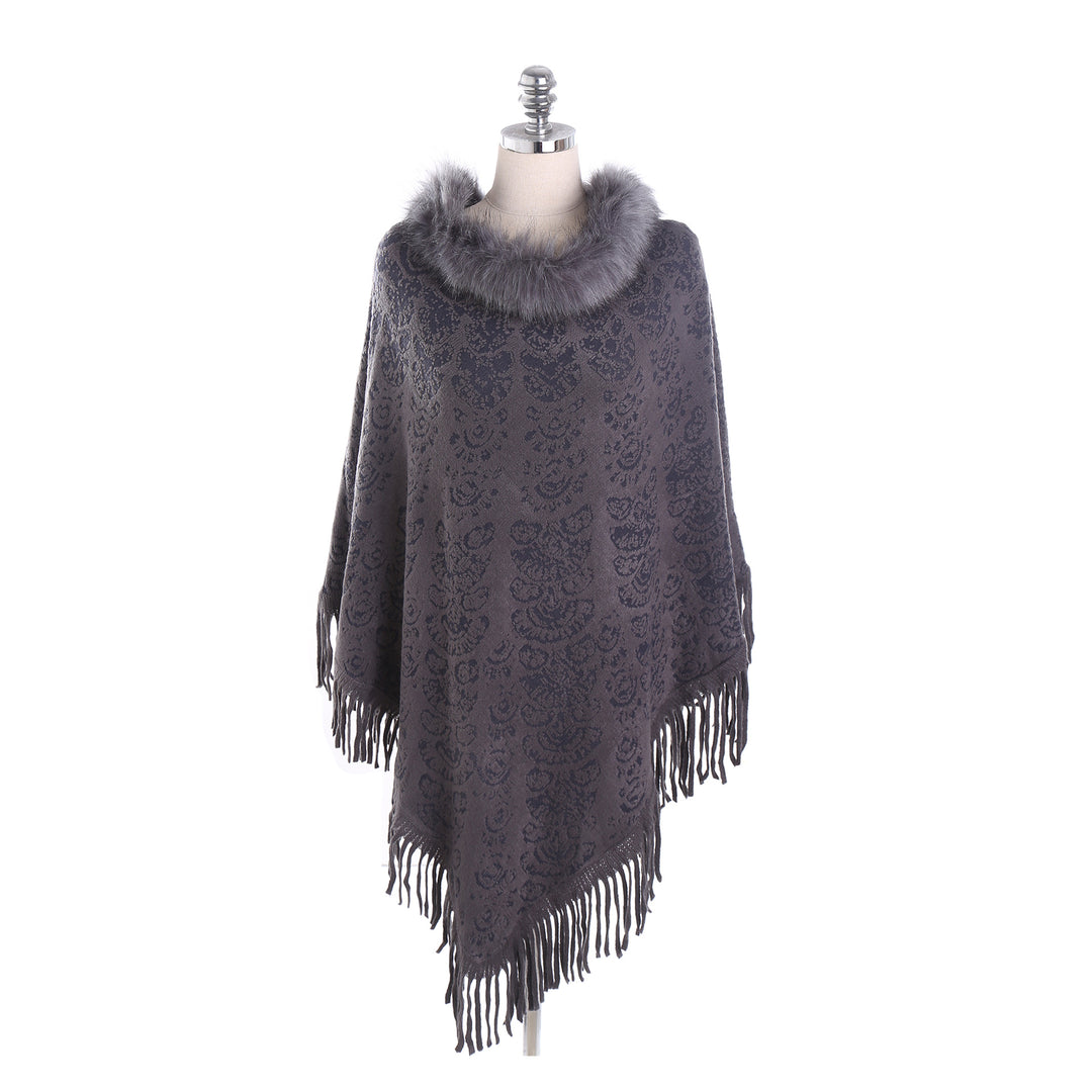 Damen Poncho‑Ruana mit Kunstfellkragen, Strukturjacquard und Fransensaum Shop Nory