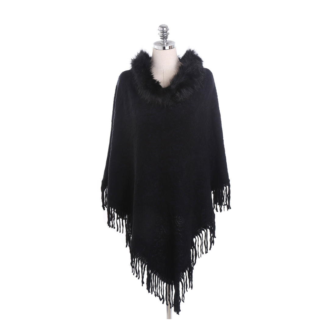 Damen Poncho‑Ruana mit Kunstfellkragen, Strukturjacquard und Fransensaum Shop Nory