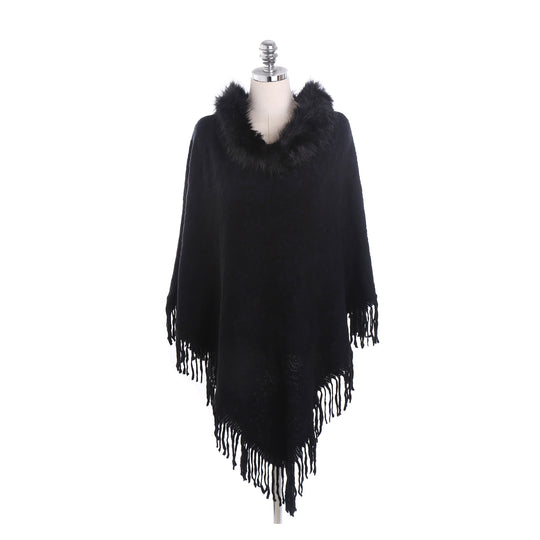 Damen Poncho‑Ruana mit Kunstfellkragen, Strukturjacquard und Fransensaum Shop Nory