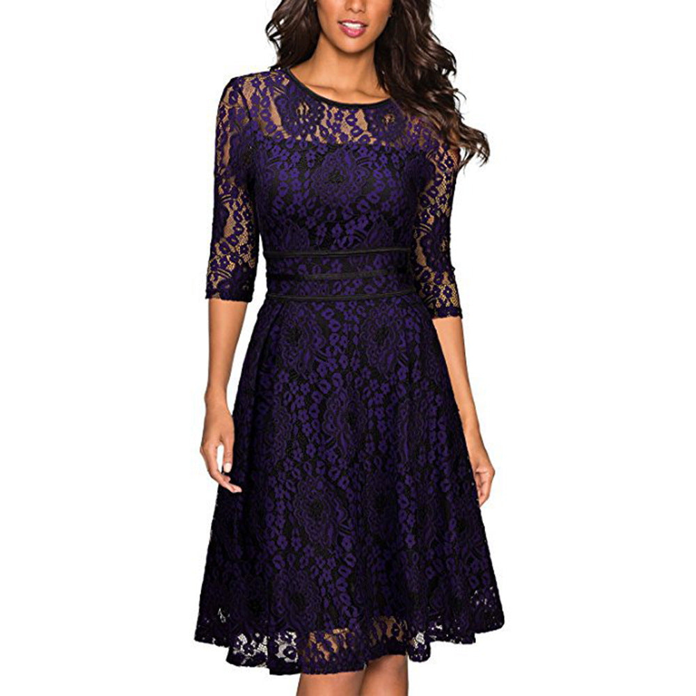 Damen Spitzen-A-Linienkleid knielang mit transparentem Oberteil und dreiviertelärmeln Shop Nory