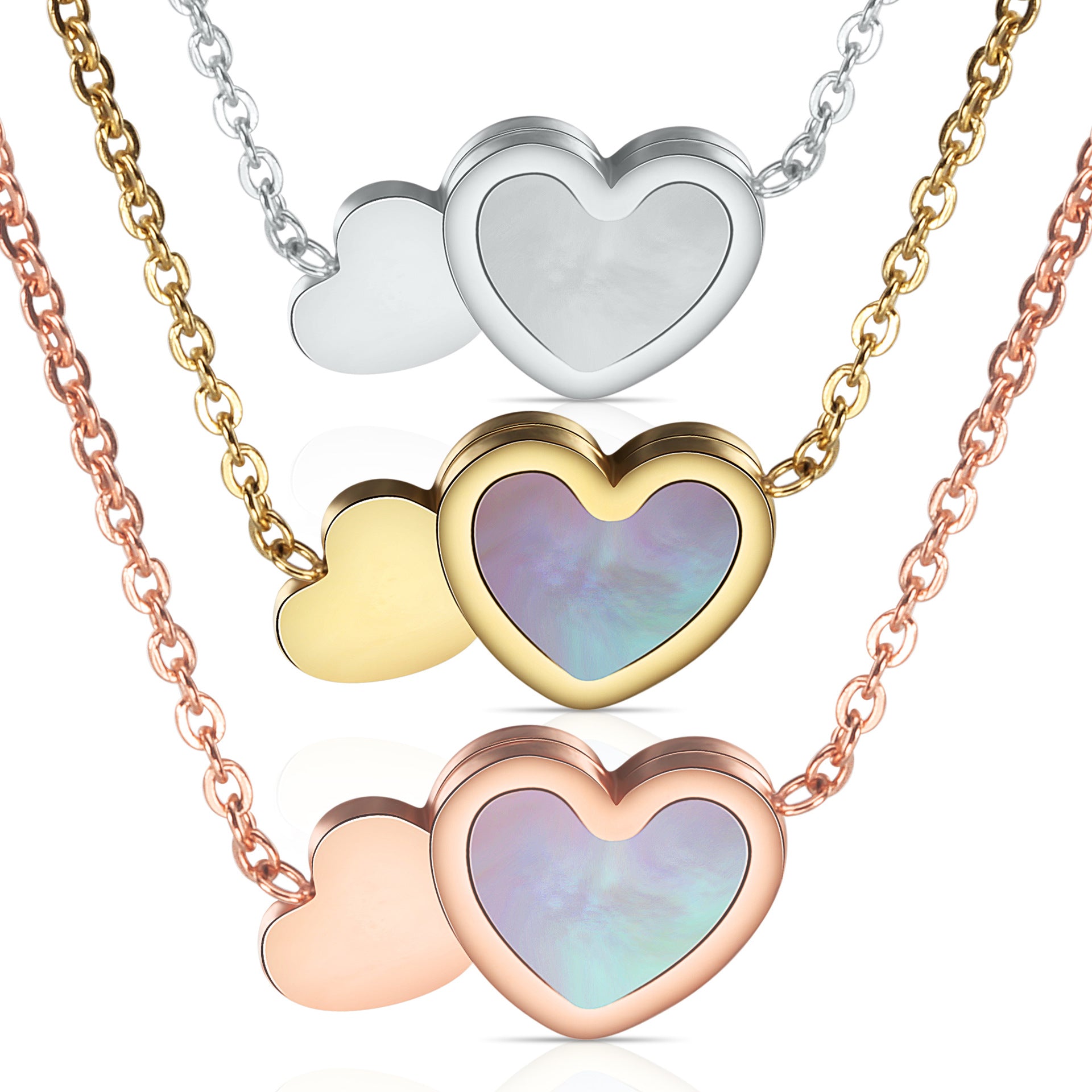 Damen Halskette mit doppeltem Herzanhänger aus hochwertigem Edelstahl und opalisiertem Stein Shop Nory