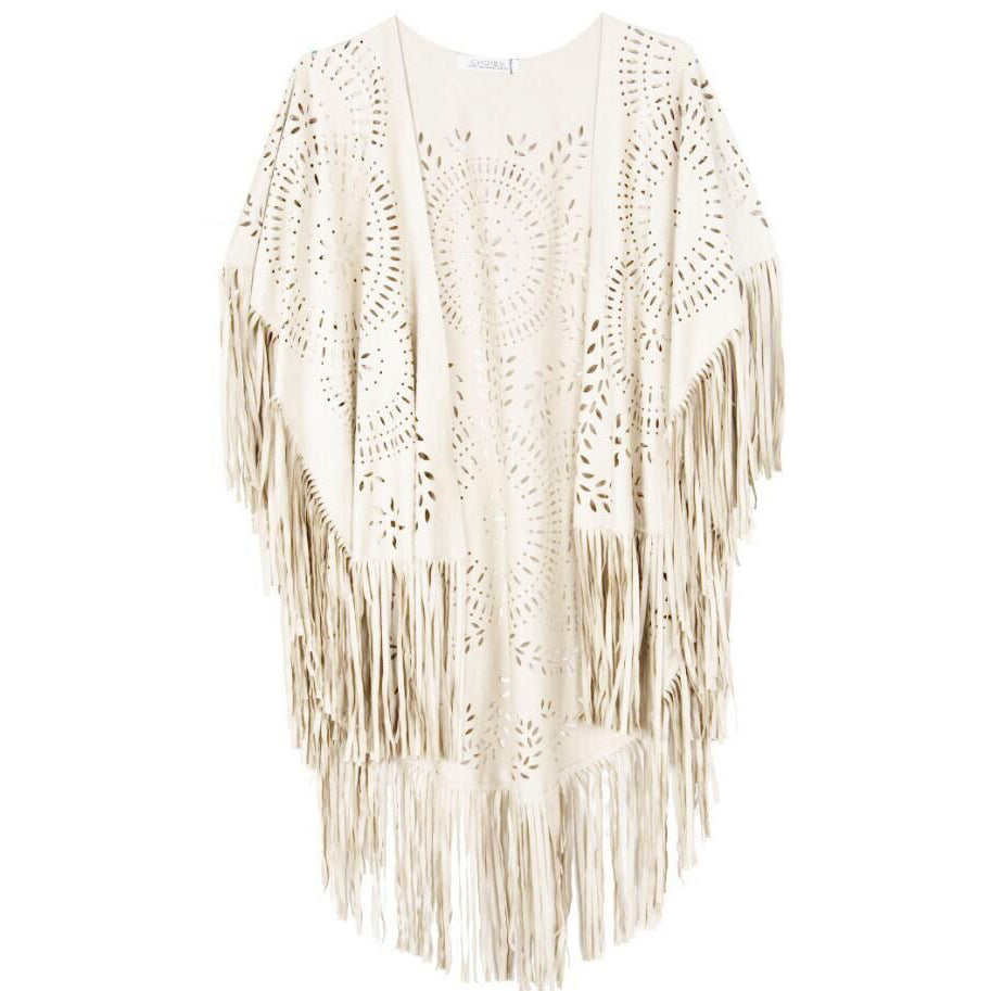 Damen Fransen-Poncho aus Wildlederimitat mit lasergeschnittenem Mandala-Design Shop Nory