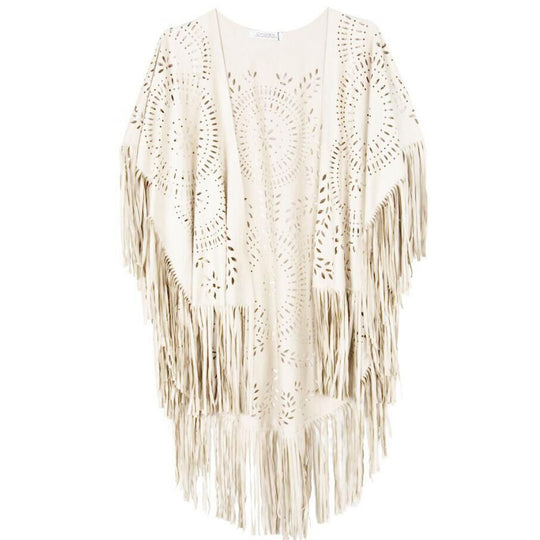 Damen Fransen-Poncho aus Wildlederimitat mit lasergeschnittenem Mandala-Design Shop Nory