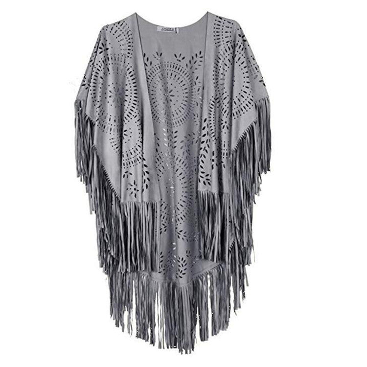 Damen Fransen-Poncho aus Wildlederimitat mit lasergeschnittenem Mandala-Design Shop Nory