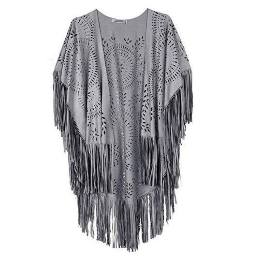 Damen Fransen-Poncho aus Wildlederimitat mit lasergeschnittenem Mandala-Design Shop Nory
