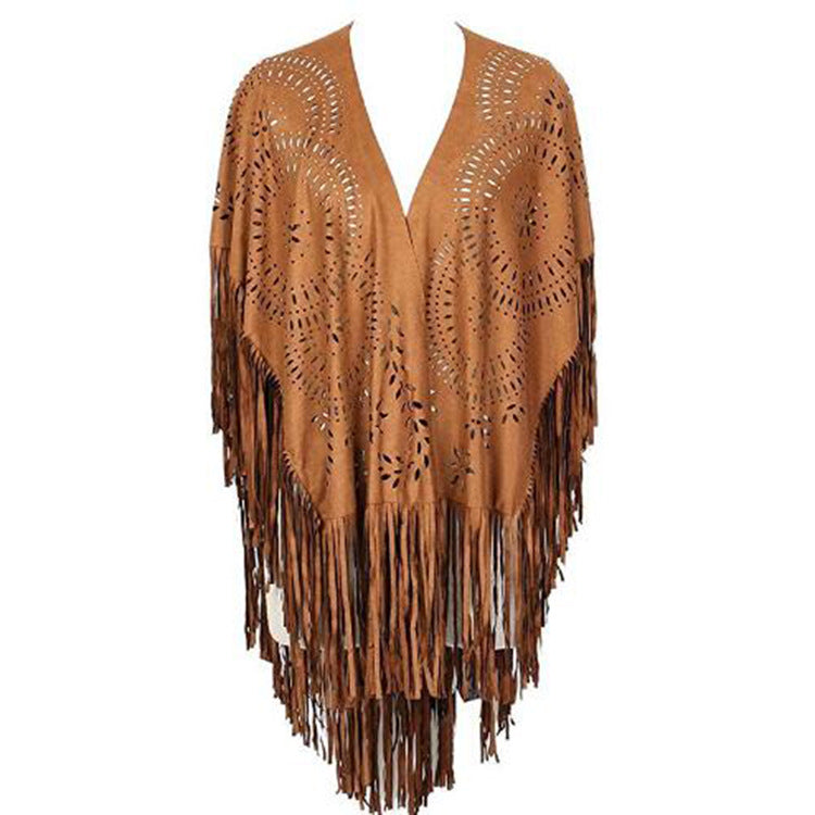 Damen Fransen-Poncho aus Wildlederimitat mit lasergeschnittenem Mandala-Design Shop Nory