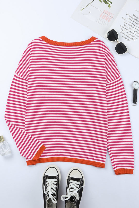Kontrastfarbig Gestreifter Pullover Mit Überschnittenen Schultern