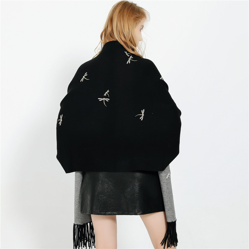 Damen Bestickter Wollmix-Überwurf mit Libellenstickerei und Fransensaum Shop Nory