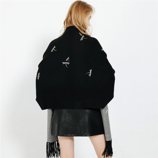 Damen Bestickter Wollmix-Überwurf mit Libellenstickerei und Fransensaum Shop Nory