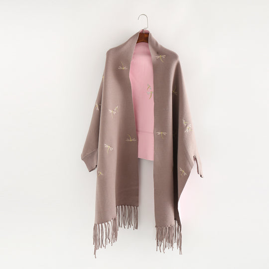 Damen Bestickter Wollmix-Überwurf mit Libellenstickerei und Fransensaum Shop Nory