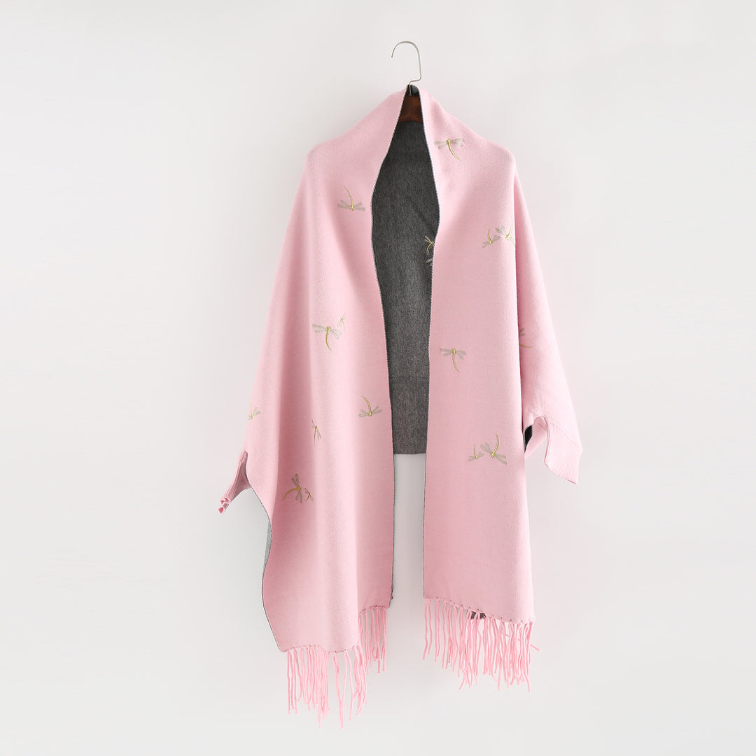 Damen Bestickter Wollmix-Überwurf mit Libellenstickerei und Fransensaum Shop Nory