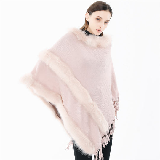 Damen Kuscheliger Wollmix‑Poncho mit Kunstfellbesatz und Fransen Shop Nory