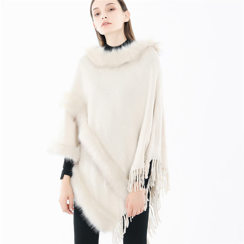Damen Kuscheliger Wollmix‑Poncho mit Kunstfellbesatz und Fransen Shop Nory