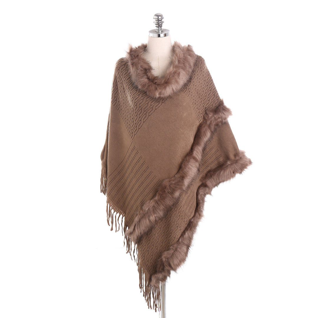 Damen Kuscheliger Wollmix‑Poncho mit Kunstfellbesatz und Fransen Shop Nory