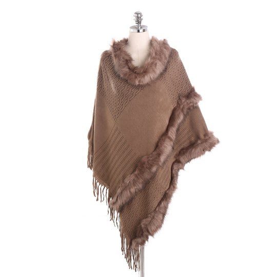 Damen Kuscheliger Wollmix‑Poncho mit Kunstfellbesatz und Fransen Shop Nory