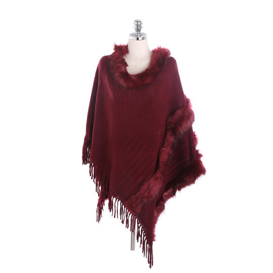 Damen Kuscheliger Wollmix‑Poncho mit Kunstfellbesatz und Fransen Shop Nory