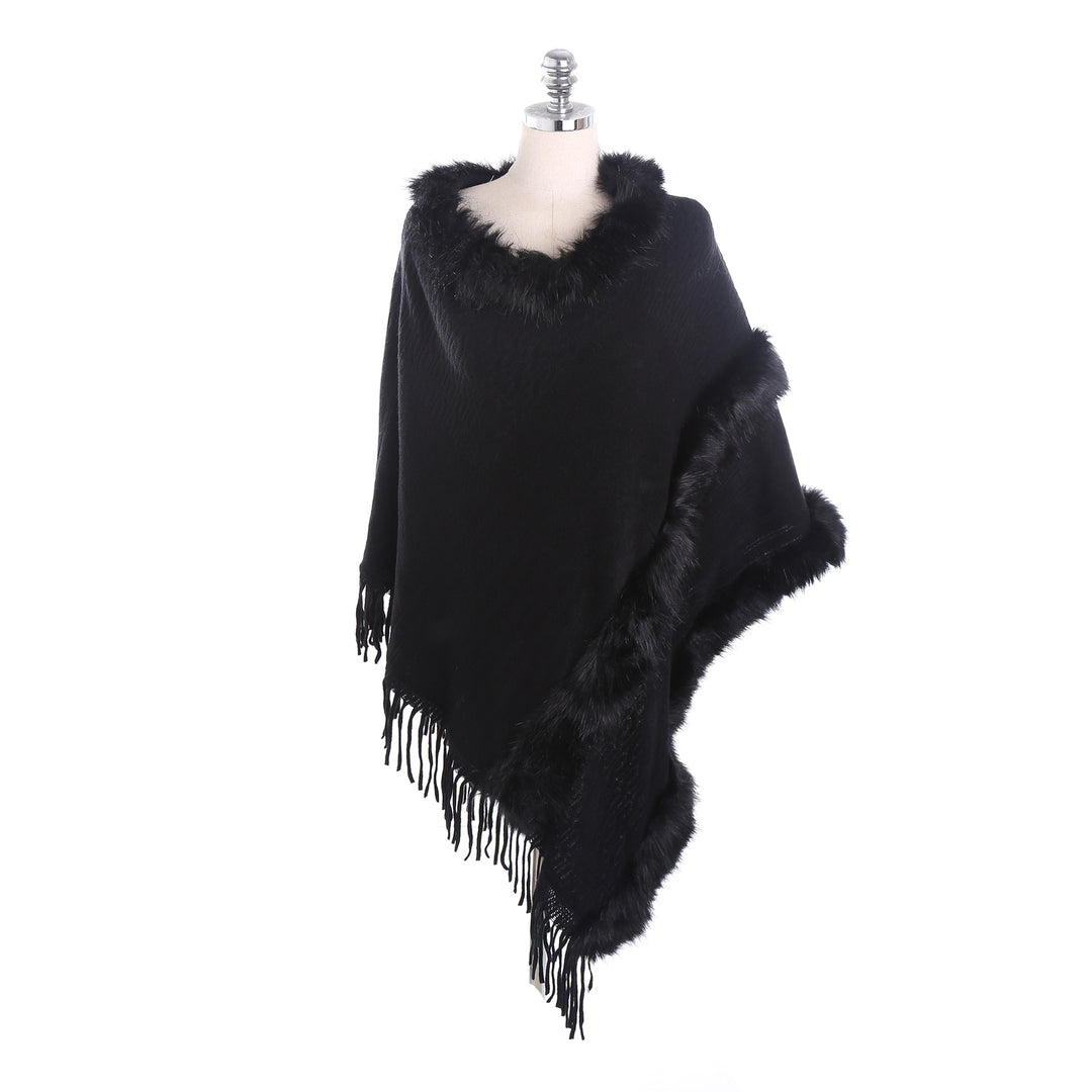 Damen Kuscheliger Wollmix‑Poncho mit Kunstfellbesatz und Fransen Shop Nory