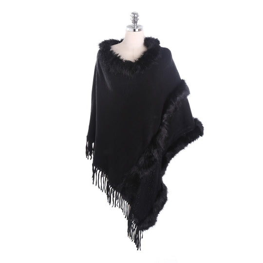 Damen Kuscheliger Wollmix‑Poncho mit Kunstfellbesatz und Fransen Shop Nory