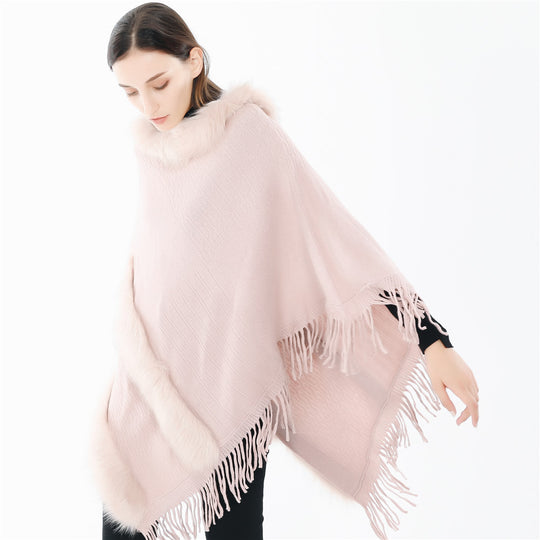 Damen Kuscheliger Wollmix‑Poncho mit Kunstfellbesatz und Fransen Shop Nory