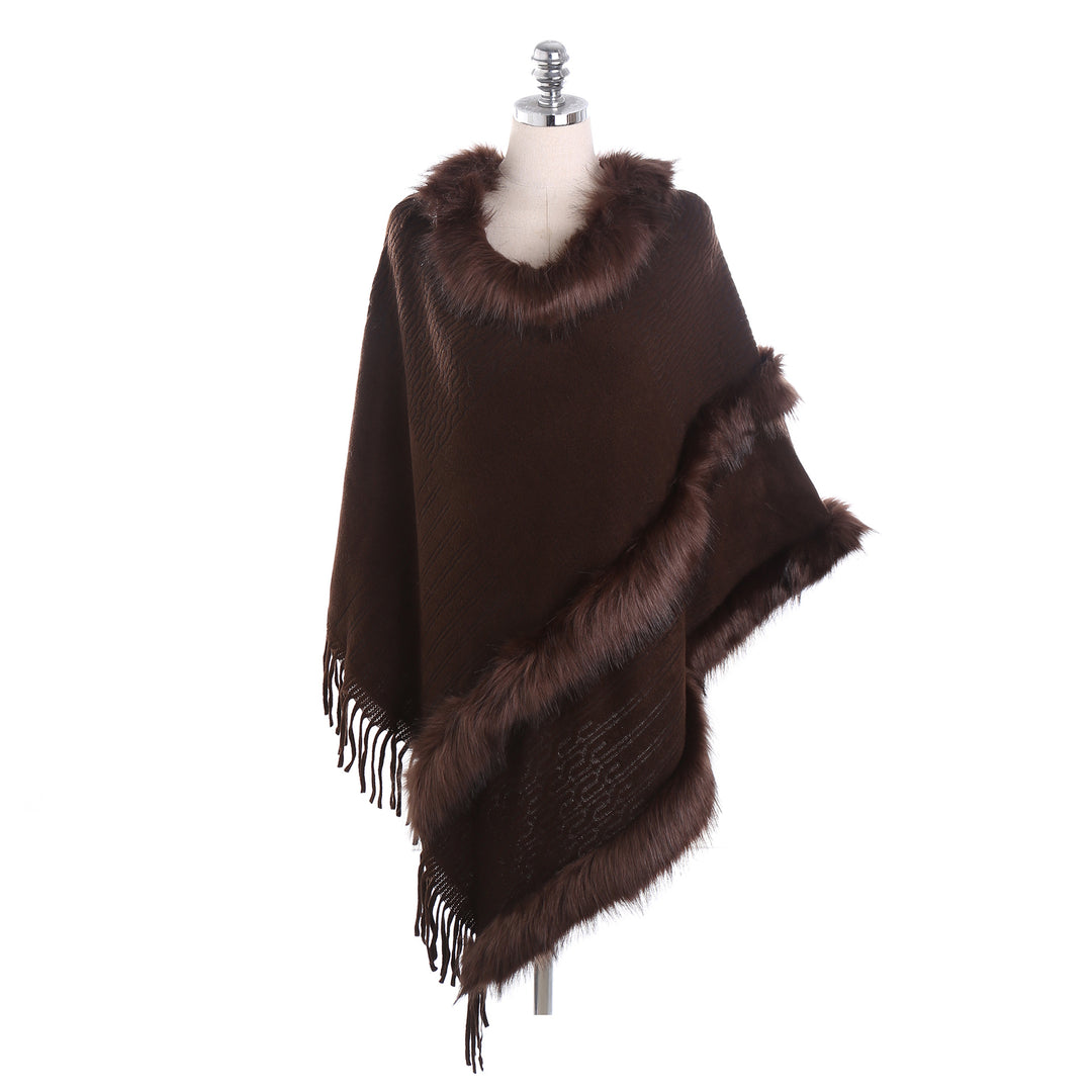 Damen Kuscheliger Wollmix‑Poncho mit Kunstfellbesatz und Fransen Shop Nory