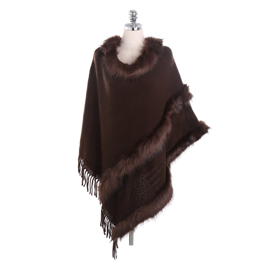 Damen Kuscheliger Wollmix‑Poncho mit Kunstfellbesatz und Fransen Shop Nory