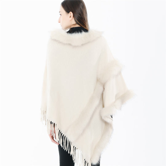 Damen Kuscheliger Wollmix‑Poncho mit Kunstfellbesatz und Fransen Shop Nory