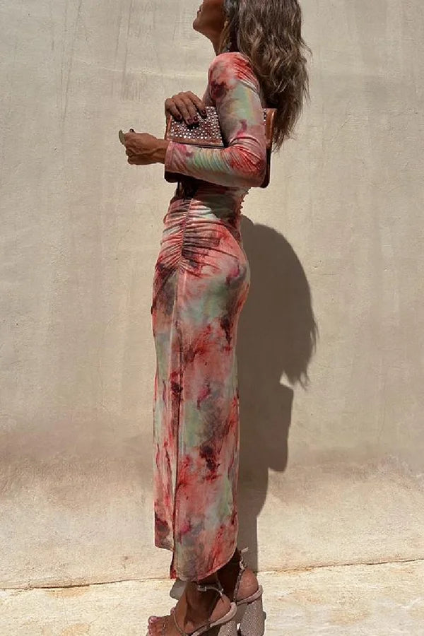 Charm Lady Mesh Overlay Tie Dye Print Langarm Rüsch Stretch Midi Kleid