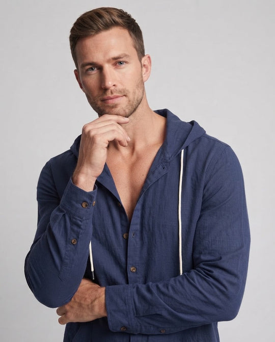 Herren Leichtgewicht Kapuzenhemd-Jacke im Leinen-Look mit Knopfleiste und Kängurutasche Shop Nory