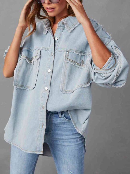 Shopnory | Button Down Raw Hem Denim Jacke