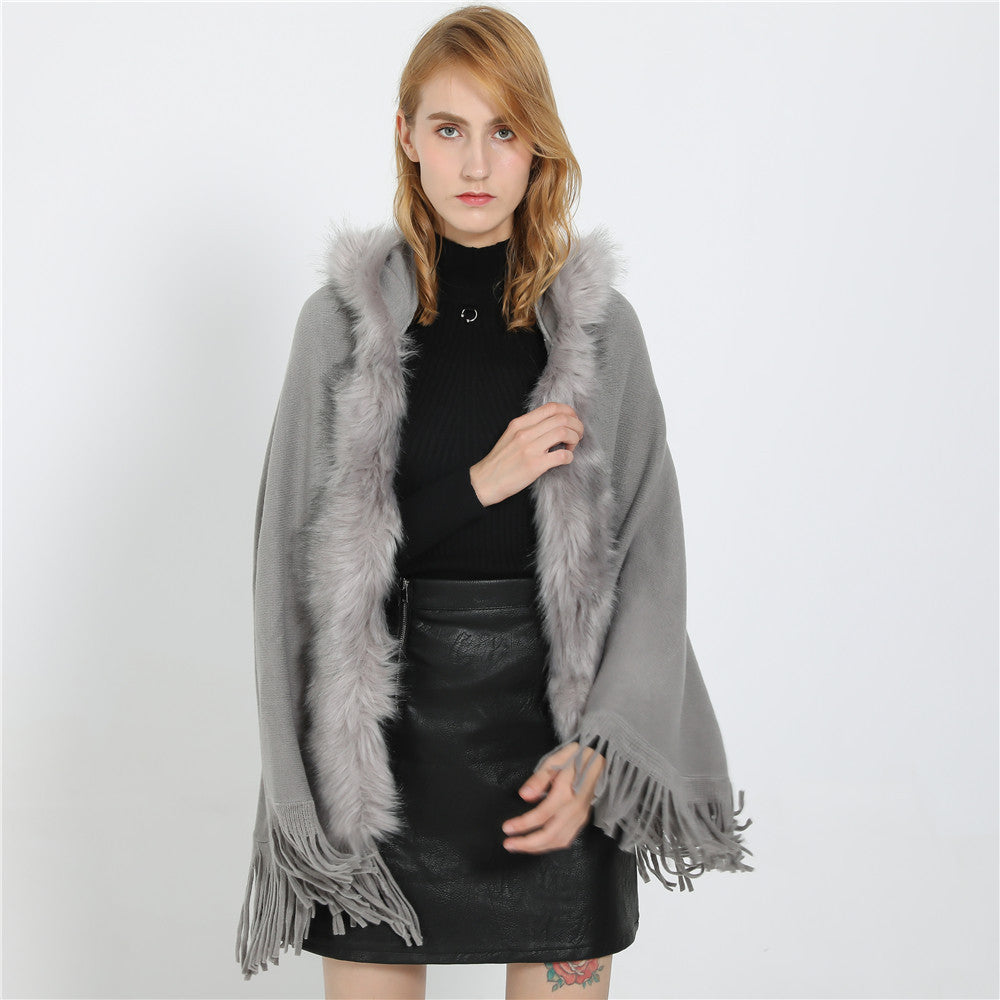 Damen Eleganter Wollmix-Umhangponcho mit abnehmbarem Kunstfellbesatz und Fransensaum Shop Nory