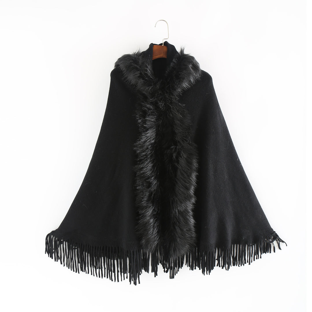 Damen Eleganter Wollmix-Umhangponcho mit abnehmbarem Kunstfellbesatz und Fransensaum Shop Nory